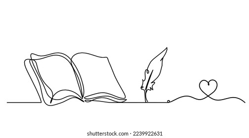 Abstract open book with heart as line drawing on white background. Vector