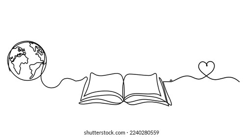 Abstract open book with heart as line drawing on white background. Vector