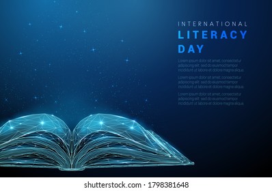 Abstract open book. International literacy day concept. Low poly style design. Abstract geometric background. Wireframe light connection structure. Modern 3d graphic. Isolated vector illustration.