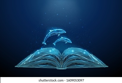 Abstract open book with jumping dolphins. Low poly style design. Abstract geometric background. Wireframe light connection structure. Modern 3d graphic concept. Isolated vector illustration.