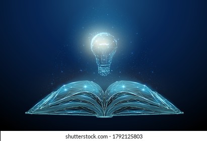 Abstract open book with light bulb. Low poly style design. Blue geometric background. Wireframe light connection structure. Modern 3d graphic concept. Isolated vector illustration.