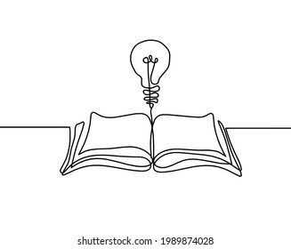 Resumen libro abierto con bombilla de luz como dibujo de líneas sobre fondo blanco