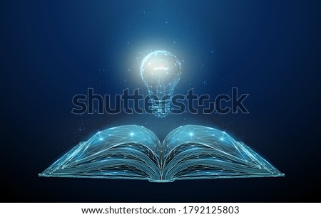 Abstract open book with light bulb. Low poly style design. Blue geometric background. Wireframe light connection structure. Modern 3d graphic concept. Isolated vector illustration.