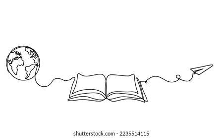 Abstract open book with paper plane as line drawing on white background. Vector