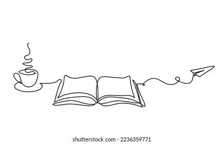 Abstract open book with paper plane as line drawing on white background. Vector