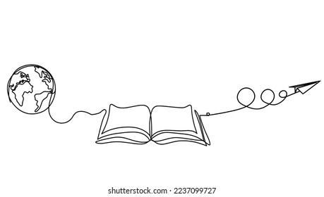 Abstract open book with paper plane as line drawing on white background. Vector