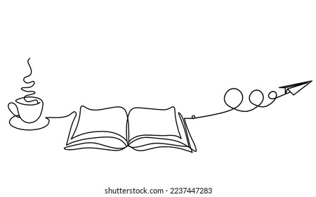 Abstract open book with paper plane as line drawing on white background. Vector