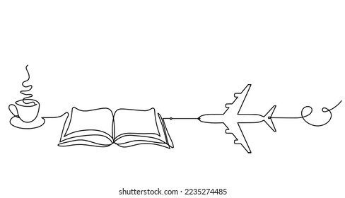 Abstract open book with plane as line drawing on white background. Vector