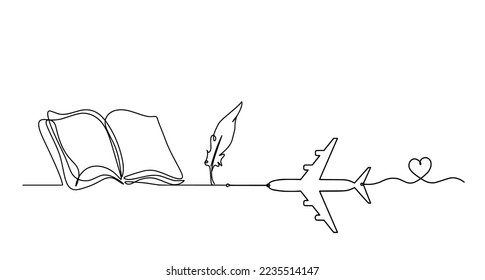Abstract open book with plane as line drawing on white background. Vector