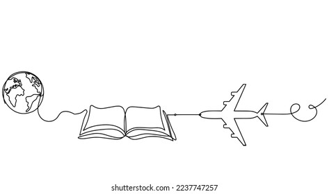 Abstract open book with plane as line drawing on white background. Vector
