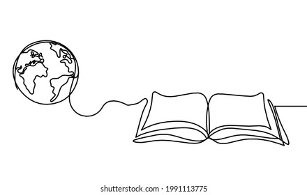 Abstraktes, offenes Buch mit dem Planeten Erde als Linie auf weißem Hintergrund. Vektorgrafik