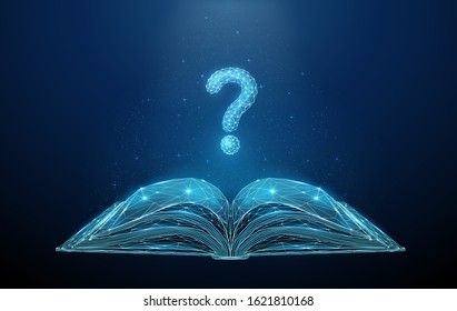 Abstract open book with question mark. Low poly style design. Geometric background. Wireframe light connection structure. Modern 3d graphic concept. Isolated vector illustration.