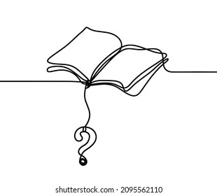 Resumen libro abierto con signo de interrogación como dibujo de línea sobre fondo blanco. Vector
