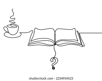 Abstract open book with question mark as line drawing on white background. Vector