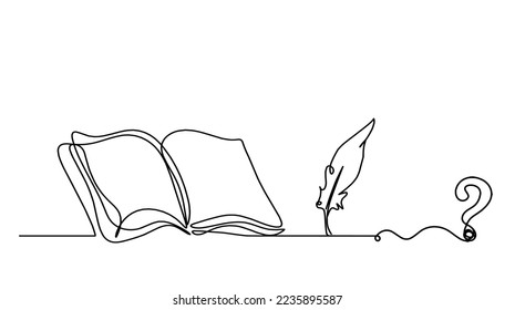 Abstract open book with question mark as line drawing on white background. Vector