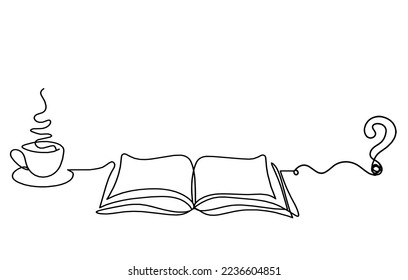 Abstract open book with question mark as line drawing on white background. Vector