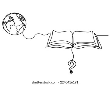 Abstract open book with question mark as line drawing on white background. Vector