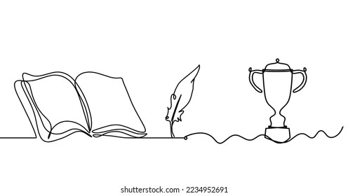 Abstract open book with trophy as line drawing on white background. Vector