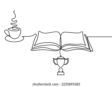 Abstract open book with trophy as line drawing on white background. Vector