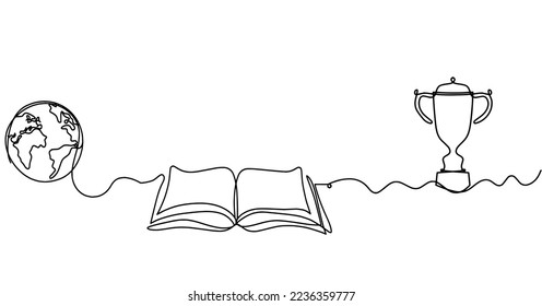 Abstract open book with trophy as line drawing on white background. Vector