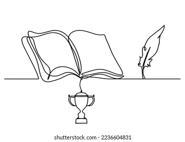 Abstraktes, offenes Buch mit Trophäe als Linienzeichnung auf weißem Hintergrund. Vektorgrafik