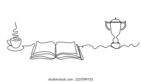 Abstract open book with trophy as line drawing on white background. Vector