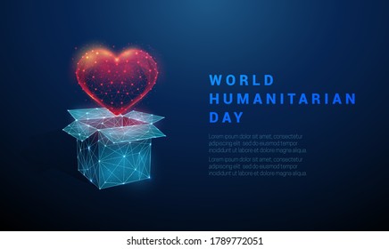 Abstract open box and heart. World humanitarian day template. Low poly style design. Geometric background. Wireframe light connection structure. Modern 3d graphic concept. Isolated vector illustration