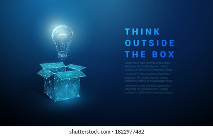 Abstract open box with light bulb. Think outside the box. Low poly style design. Geometric background. Wireframe light connection structure. Modern 3d graphic concept. Isolated vector illustration