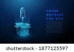 Abstract open box and rocket launch. Think outside the box. Low poly style design. Geometric background. Wireframe light connection structure. Modern 3d graphic concept. Isolated vector illustration.