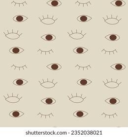 Abstract open and closed eyes seamless pattern. Cute doodle design on beige background. Vector illustration.