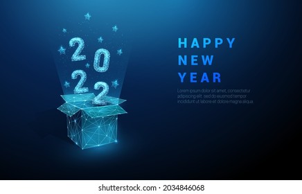 Abstract open gift box and flying numbers 2022, blue stars. Low poly style design. Geometric background. Wireframe light connection structure. Modern 3d graphic concept. Isolated vector illustration.