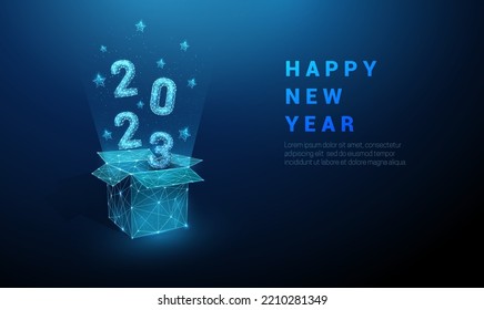 Abstract open gift box and flying numbers 2023, blue stars. Low poly style design. Geometric background. Wireframe light connection structure. Modern 3d graphic concept. Isolated vector illustration.