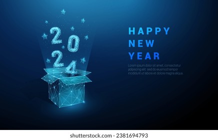 Abstract open gift box and flying numbers 2024, blue stars. Low poly style design. Geometric background. Wireframe light connection structure. Modern 3d graphic concept. Vector illustration.