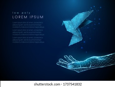 Abstract open hand with flying paper bird. Low poly style design. Blue geometric background. Wireframe light connection structure. Modern 3d graphic concept. Isolated vector illustration.