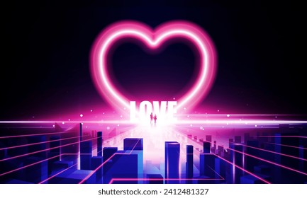 Resumen abierto Puerta Clave Luz del día de San Valentín neón corazón negocios ciudad digital Hitech concepto de comunicación fondo de innovación, diseño vectorial, romance, tecnología