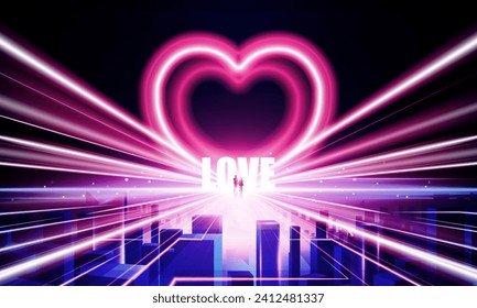 Abstract open Key Door Light of valentine's day neon heart business digital city Hitech communication concept innovation background, vector design, romance, technology