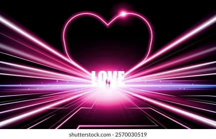 Abstract open Key Door Light of valentine's day neon heart business digital city Hitech communication concept innovation background, vector design, romance, technology