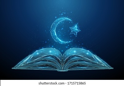 Abstract open korah book with islamic symbol crescent and star. Low poly style design. Abstract geometric background Wireframe light connection structure Modern 3d graphic concept Vector illustration