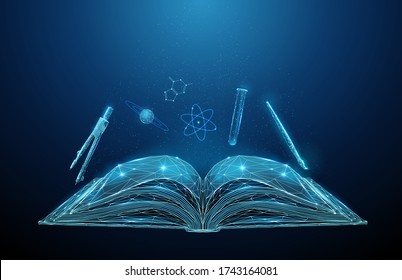 Abstract open schoolbook with icon of school subjects. Low poly style design. Abstract geometric background. Wireframe light connection structure Modern 3d graphic concept Isolated vector illustration