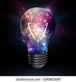 Abstract open space background. Starfield, universe, nebula in galaxy in light bulb. Vector illustration