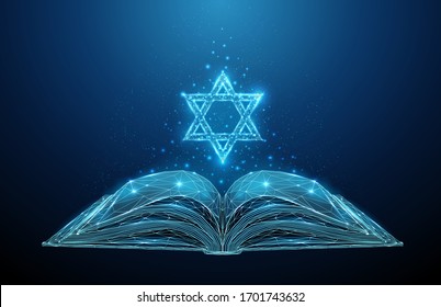 Abstract open Torah book with star of David. Low poly style design. Abstract geometric background. Wireframe light connection structure. Modern 3d graphic concept. Isolated vector illustration.