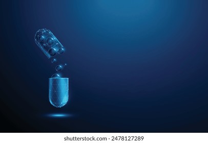 Abstract opened blue medical drug capsule with bubbles shifting from one part to another. Healthcare medical pharmacy concept. Low poly style. Geometric background. Wireframe light structure. Modern 3