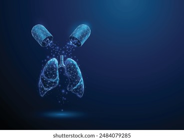 Abstract opened blue medical drug capsule with falling particles and human lungs. Healthcare medical pharmacy concept Low poly futuristic technology digital style Geometric background Wireframe Vector