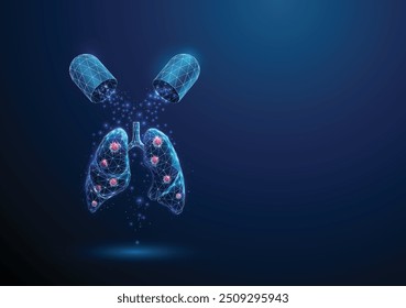 Abstract opened blue medical drug capsule with falling particles, human lungs with red viruses inside. Healthcare medical pharmacy concept Low poly futuristic technology wireframe digital style Vector