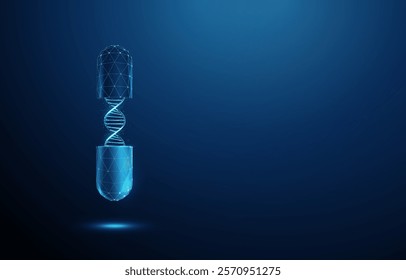 Abstract opened blue medical drug capsule with DNA helix inside. Healthcare medical pharmacy, genetic biotechnology engineering, medical therapy concept. Low poly futuristic wireframe style. Vector