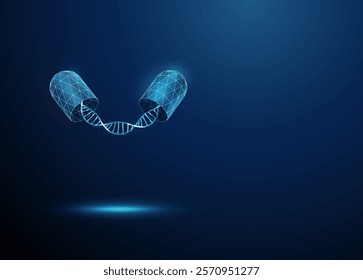 Abstract opened blue medical drug capsule with DNA helix inside. Healthcare medical pharmacy, genetic biotechnology engineering, medical therapy concept. Low poly futuristic wireframe style. Vector