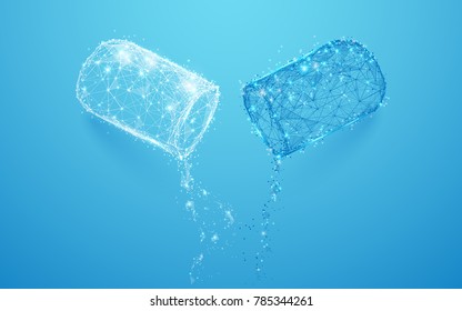 Abstract opened capsule form lines and triangles, point connecting network on blue background. Illustration vector