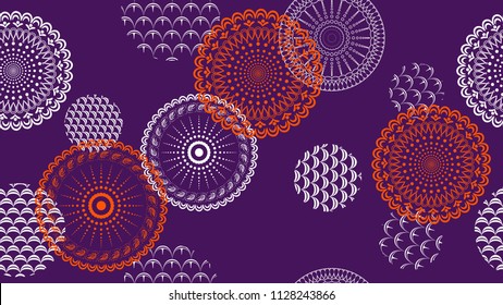 Abstract openwork flowers and circles on a colored background.The design element for packaging, textiles, covers, tiles, wallpaper