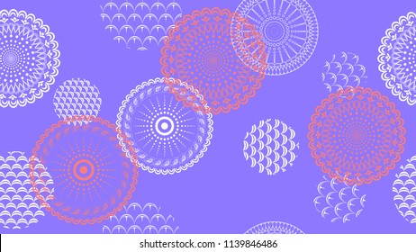 Abstract openwork flowers and circles on a colored background.The design element for packaging, textiles, covers, tiles, wallpaper