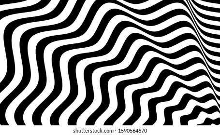 Abstract optical art background. Black and white wave stripes isolated. Vector illustration